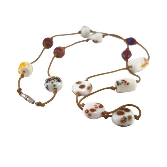 Handcrafted Murano Glass Beaded Necklace With Decorative Glass Beads Cotton Cord - Picture 4 of 6